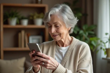 Femme senior tenant un téléphone simplifié pour personnes âgées dans un salon cosy