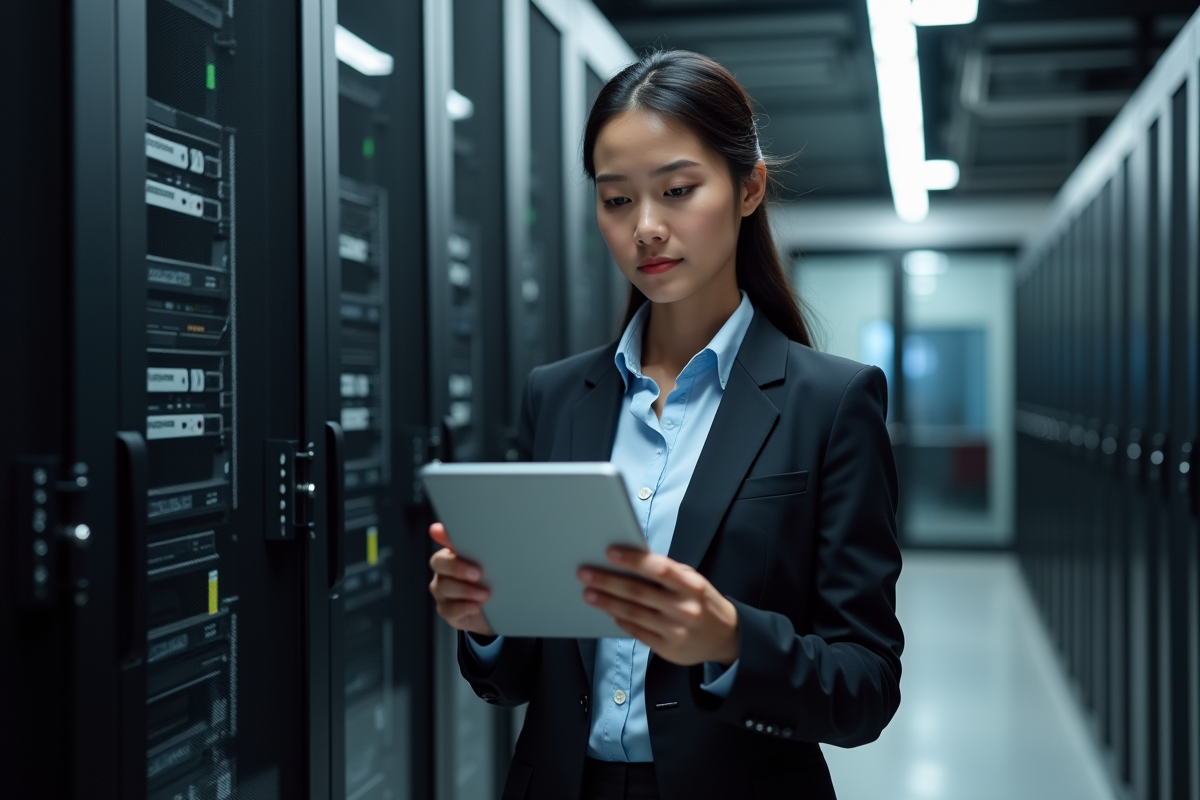 Femme en costume consultat une tablette dans une salle serveurs
