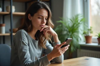 Femme tenant un smartphone Android et cherchant à vider la corbeille après une mise à jour du système