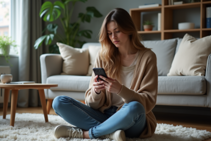 Jeune femme concentrée sur son smartphone dans un salon moderne