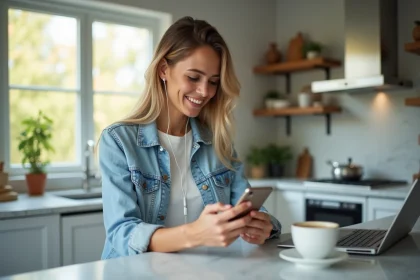 Jeune femme souriante utilisant son smartphone dans la cuisine
