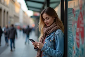 Femme en denim et écharpe regardant son smartphone en ville