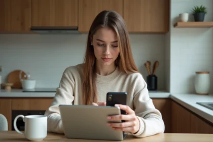 Jeune femme réfléchissant avec deux smartphones dans une cuisine chaleureuse