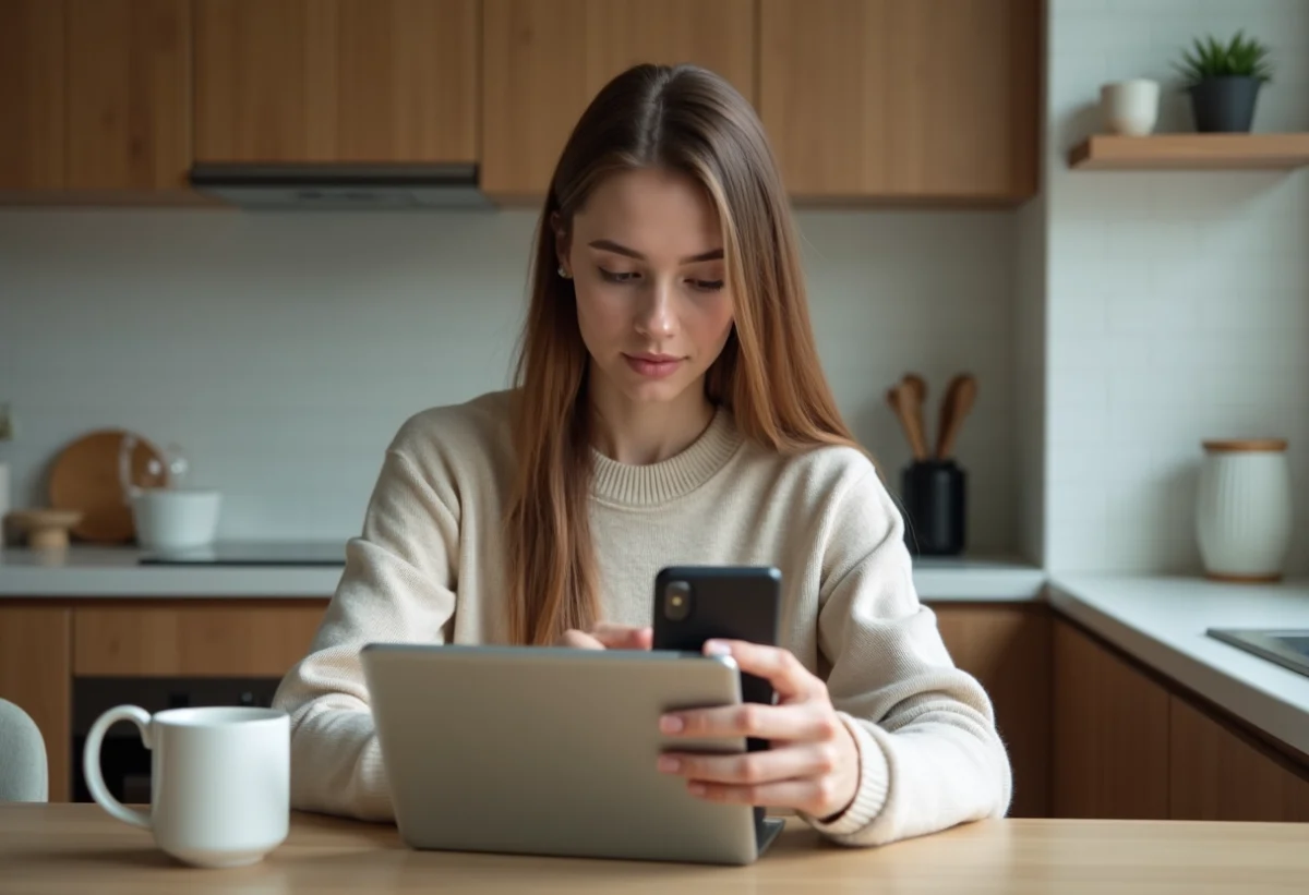 Jeune femme réfléchissant avec deux smartphones dans une cuisine chaleureuse