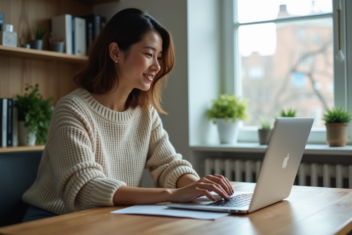 Femme détachant un email avec pièce jointe dans un bureau moderne