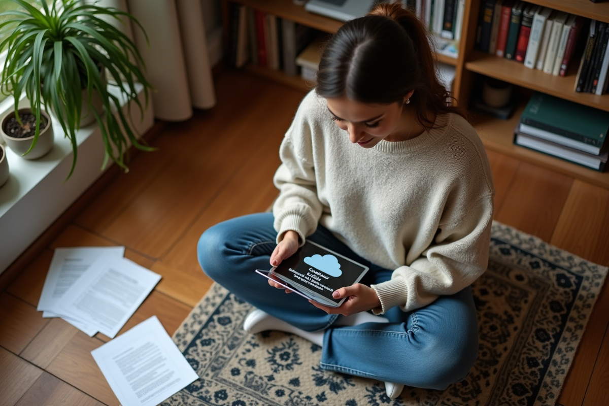 Femme assise sur le sol avec tablette dans un bureau à domicile