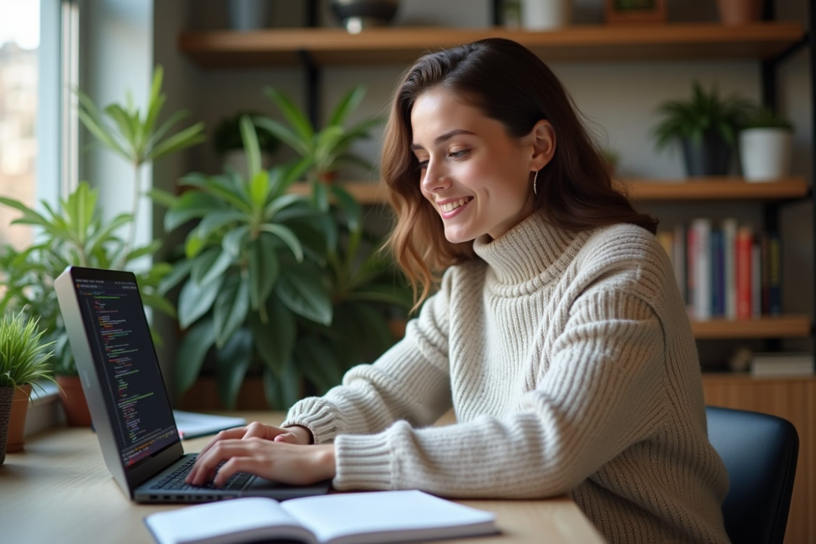 Jeune femme concentrée travaillant sur son ordinateur dans un bureau lumineux