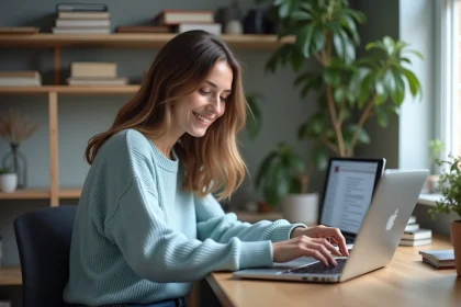 Jeune femme concentrée travaillant à domicile sur son ordinateur