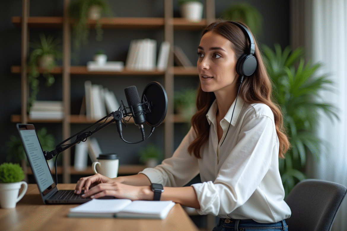 Jeune femme en télétravail avec micro et casque