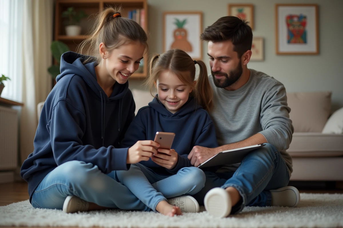 Fille adolescente et père partageant un moment sur le tapis du salon
