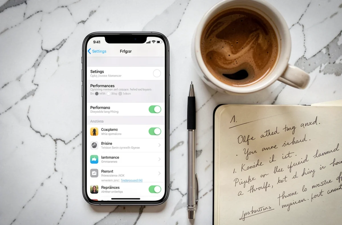 Vue aérienne d'un iPhone affichant les réglages iOS 18.4.1 sur un bureau en marbre blanc