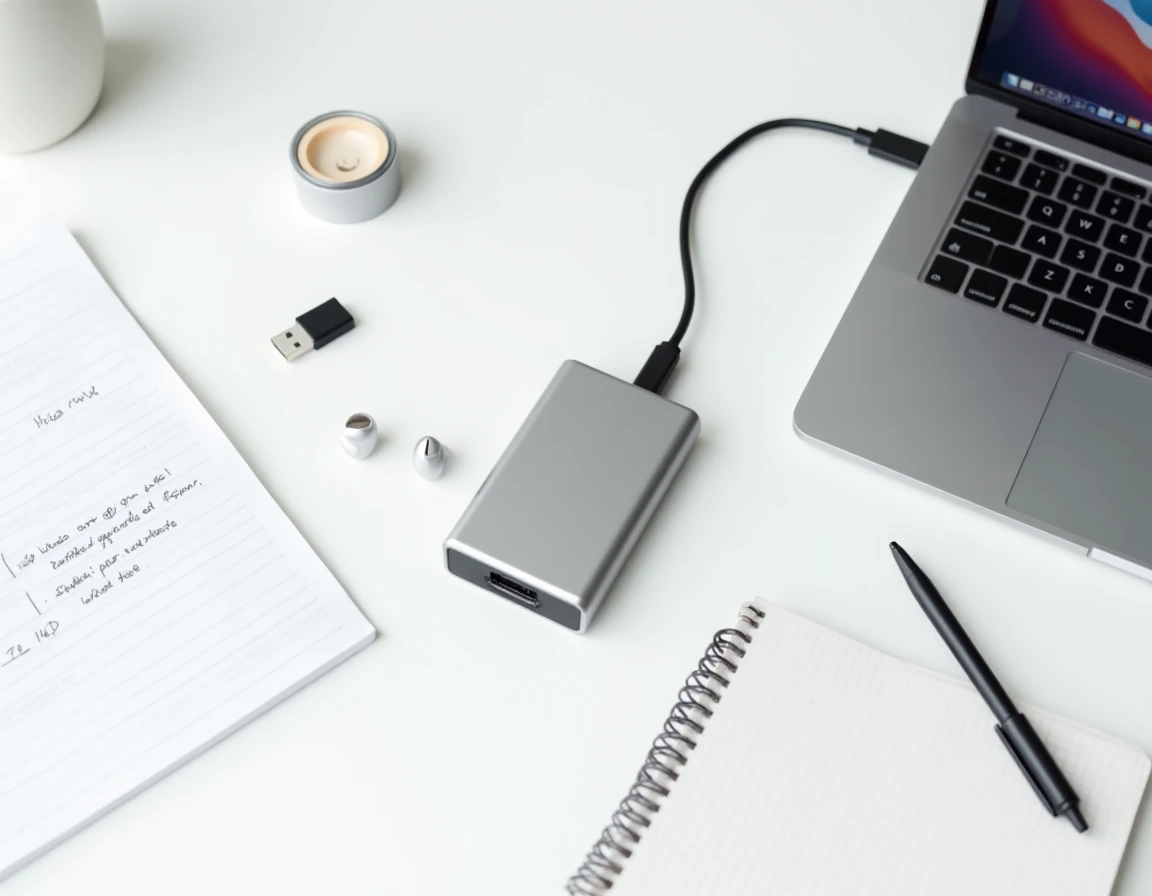 Vue de dessus d'un bureau avec clé USB, hub USB-C, MacBook Air et checklist pour réinstaller macOS