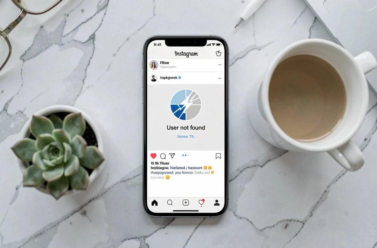 Vue de dessus d'un smartphone posé sur un bureau en marbre affichant une erreur Instagram 'utilisateur introuvable' avec une tasse de café et une plante