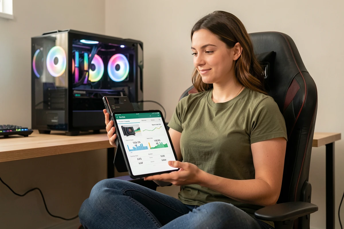 Gameuse consultant un outil d'estimation de consommation électrique sur tablette à côté de sa tour PC gaming