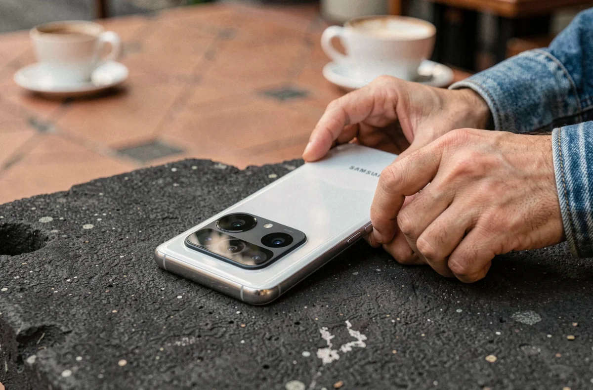 Gros plan sur le module caméra du Samsung Galaxy S25 posé sur une surface en béton dans un café