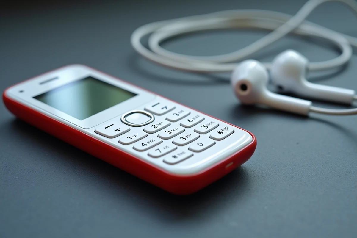 Gros plan sur le clavier et les finitions rouge et blanc d'un Nokia basique posé sur une surface ardoise avec des écouteurs filaires