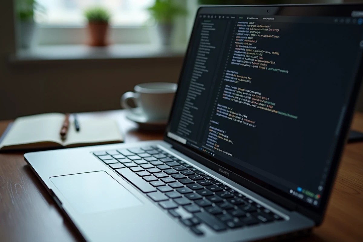 Gros plan sur un terminal bash affichant les commandes popd et pushd sur un écran laptop posé sur un bureau en bois sombre