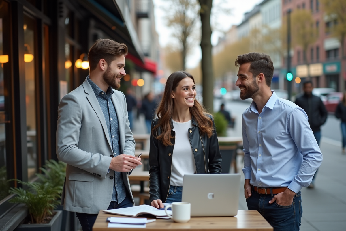 Groupe de jeunes discutant stratégie marketing en extérieur