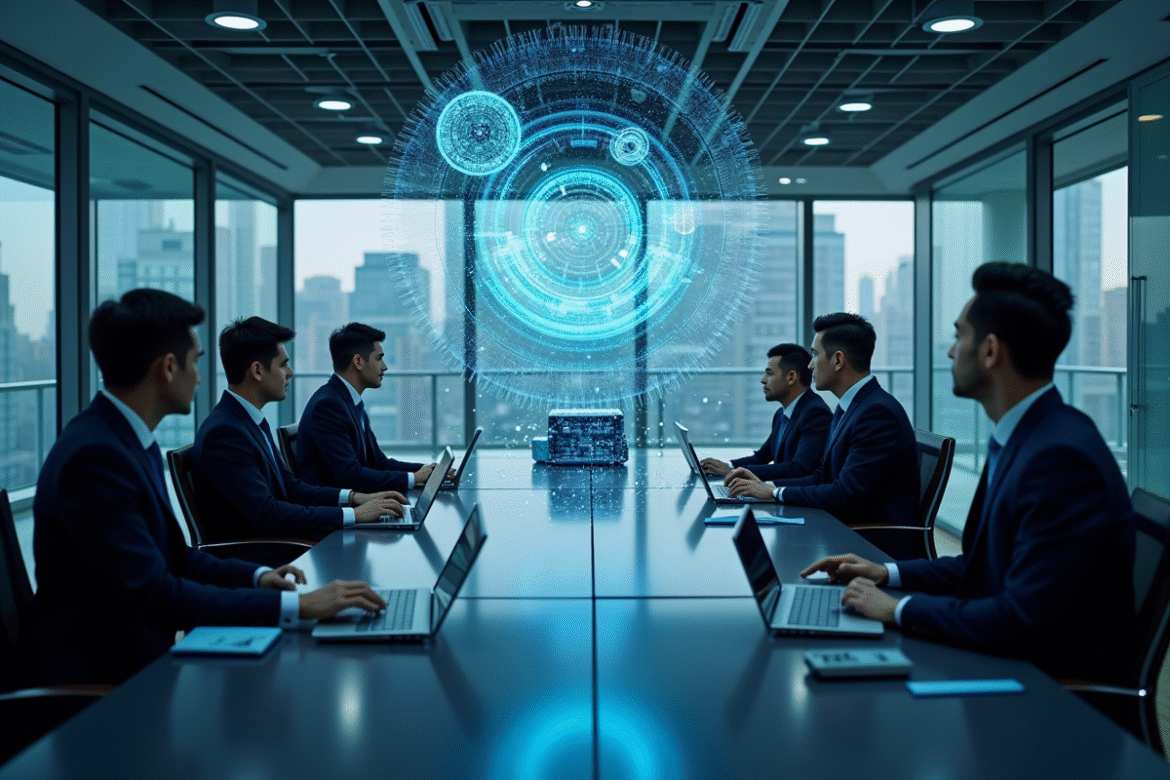 Groupe de professionnels analysant un ordinateur quantique moderne
