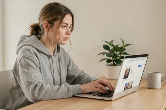 Jeune femme utilisant un ordinateur portable pour héberger des photos anonymement sur internet depuis son bureau à domicile