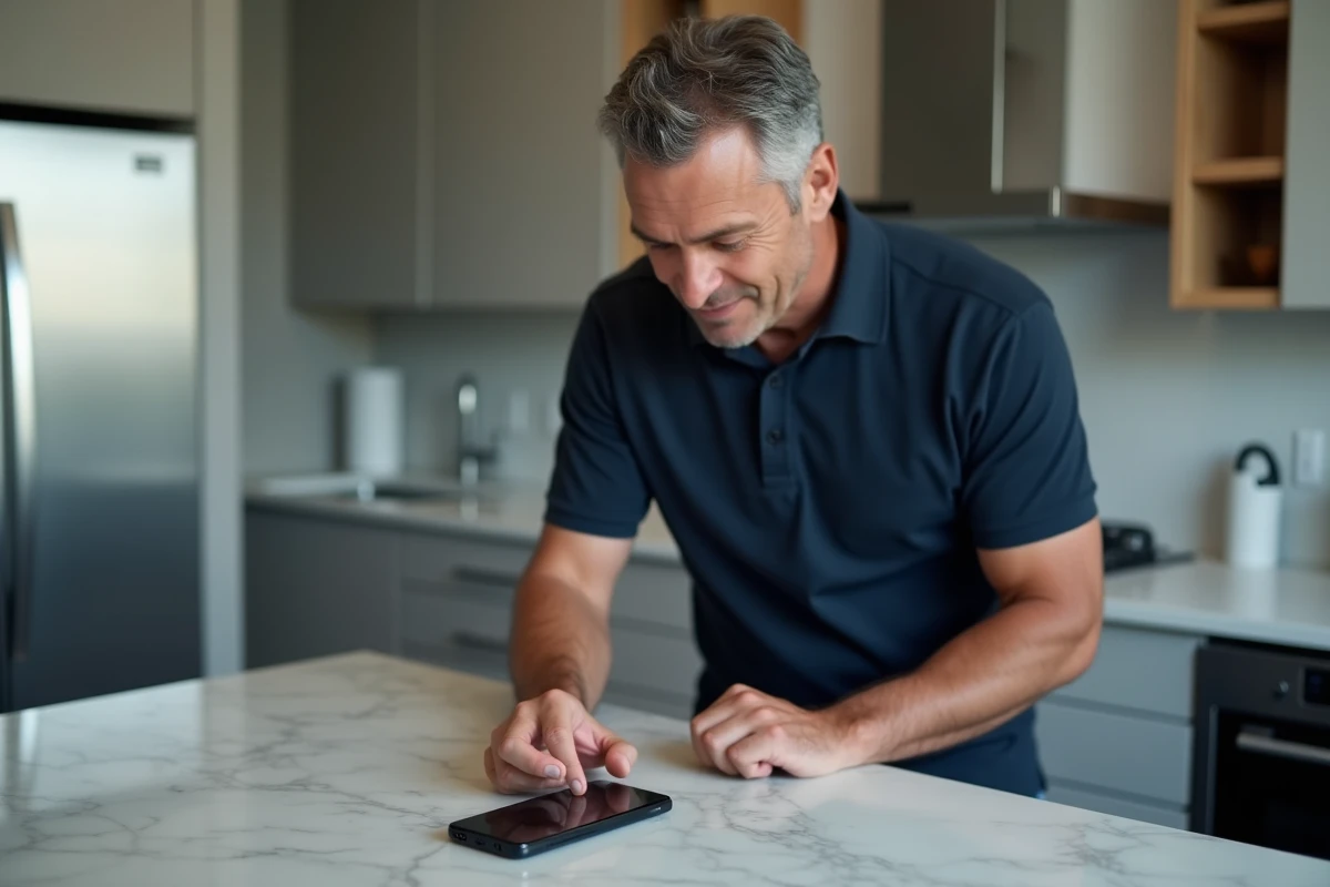 Homme consultant son smartphone Android posé sur un comptoir de cuisine pour gérer la corbeille des fichiers