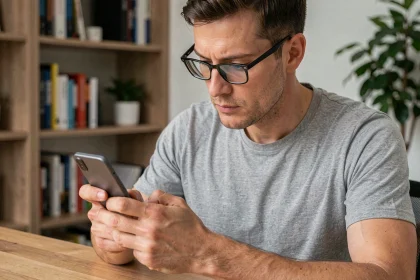 Homme utilisant l'application Begone sur Android pour bloquer les appels de démarchage téléphonique