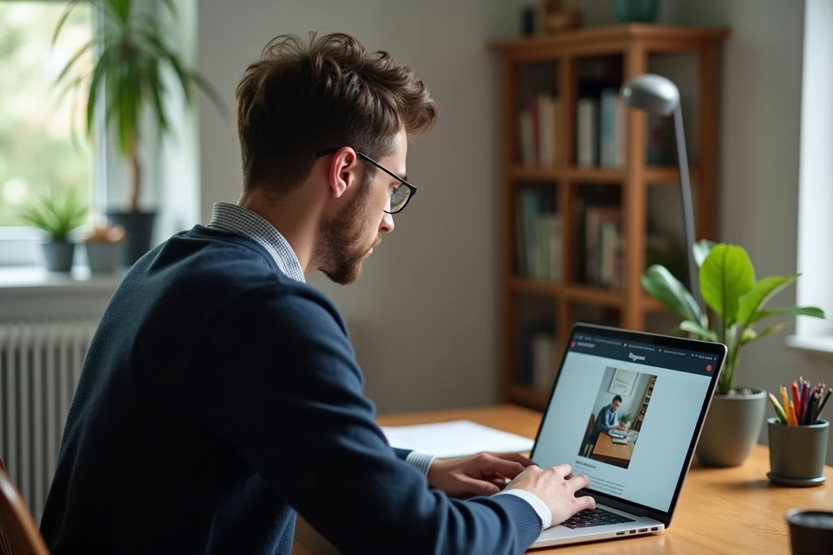 Homme au bureau regardant une story Instagram sur son laptop