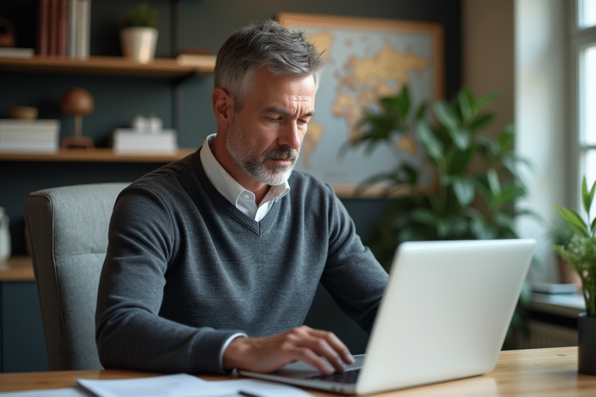 Homme d'âge moyen travaillant sur son ordinateur dans un bureau moderne