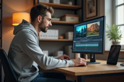 Homme en hoodie travaillant sur un ordinateur en home office