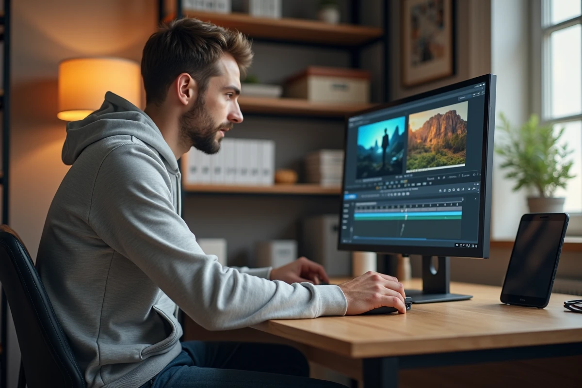 Homme en hoodie travaillant sur un ordinateur en home office