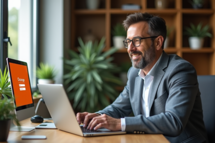 Homme d age moyen au bureau avec portail Orange sur son laptop