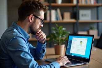 Homme concentré sur son ordinateur Windows 11 dans un bureau calme