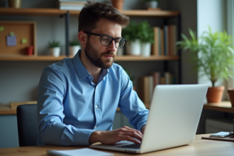 Jeune homme au bureau avec ordinateur et ambiance professionnelle