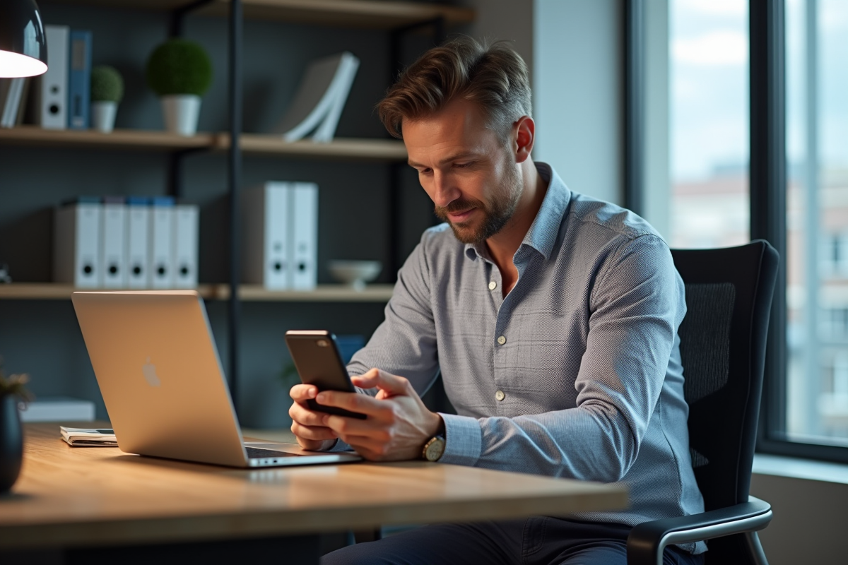 Homme d affaires synchronisant son smartphone au bureau