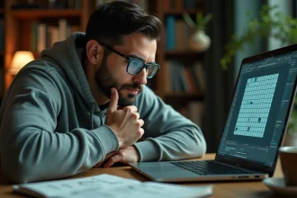 Homme concentré analysant une grille de Démineur sur un ordinateur portable dans un bureau à domicile