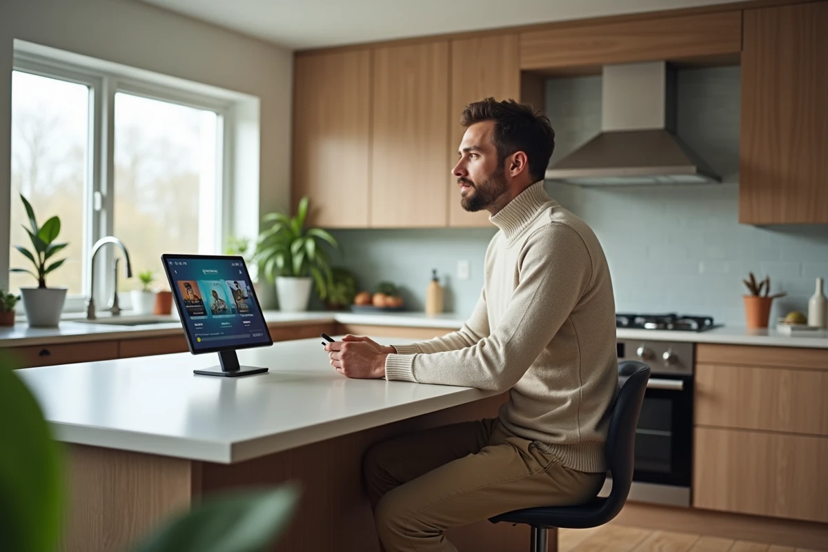 Homme cuisinant en regardant une tablette en streaming