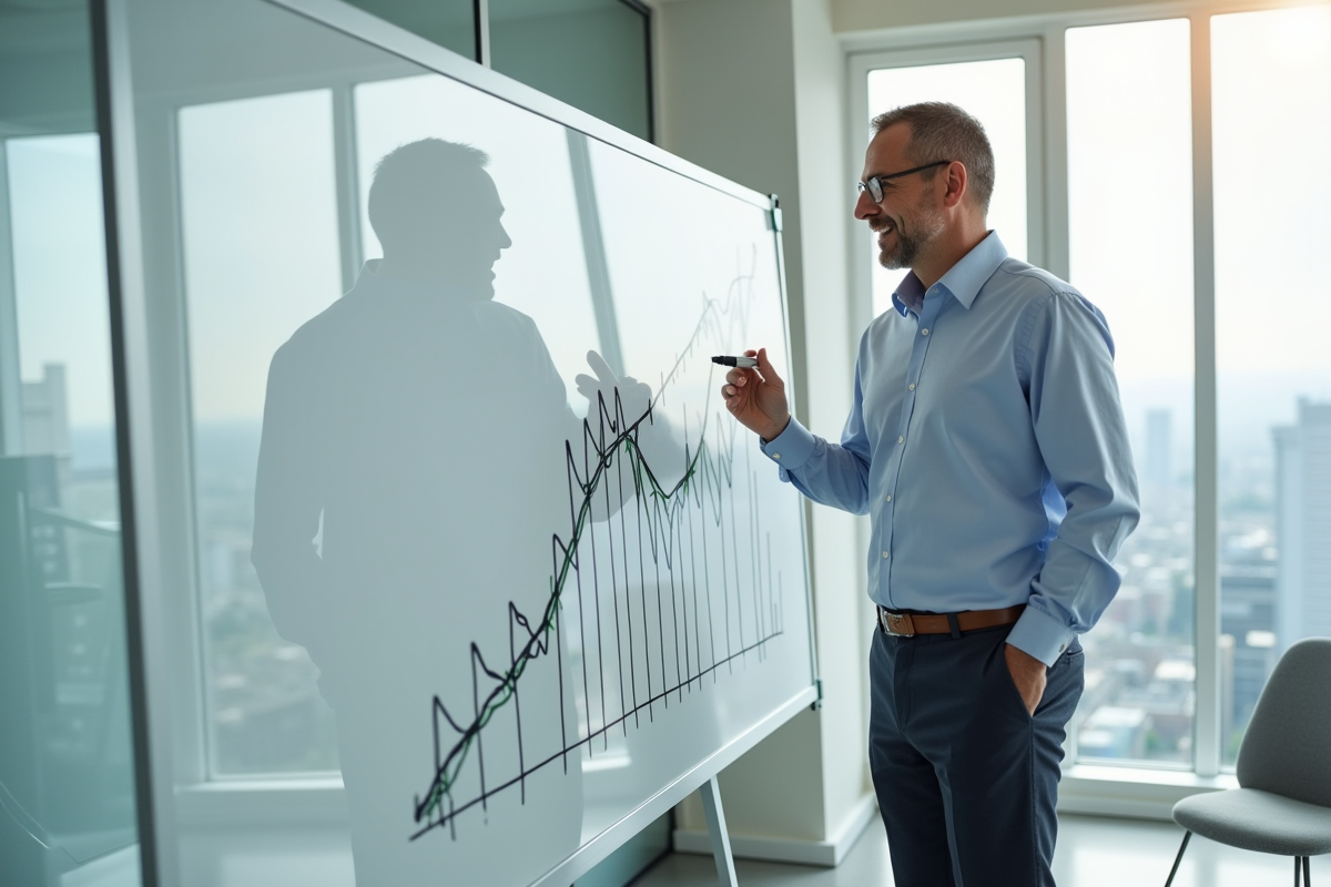 Homme expliquant une ligne de tendance sur un tableau blanc