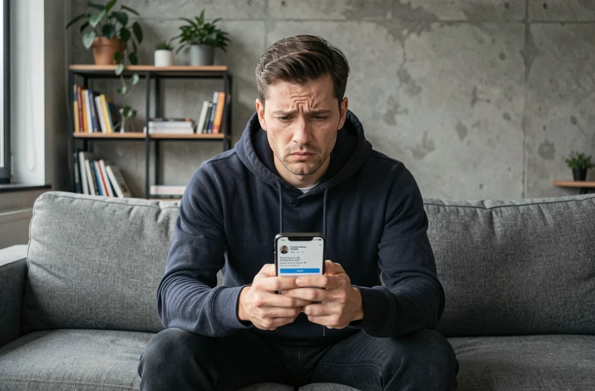 Homme confus tenant son téléphone et regardant un message d'erreur sur Instagram indiquant qu'un utilisateur est introuvable dans un appartement moderne