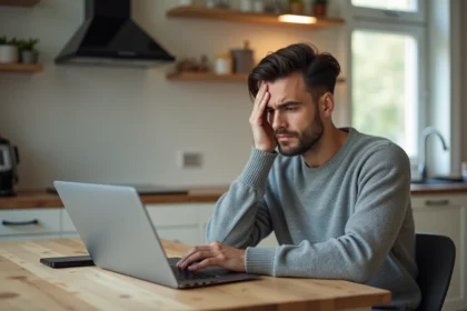 Homme frustré devant son ordinateur portable à la maison