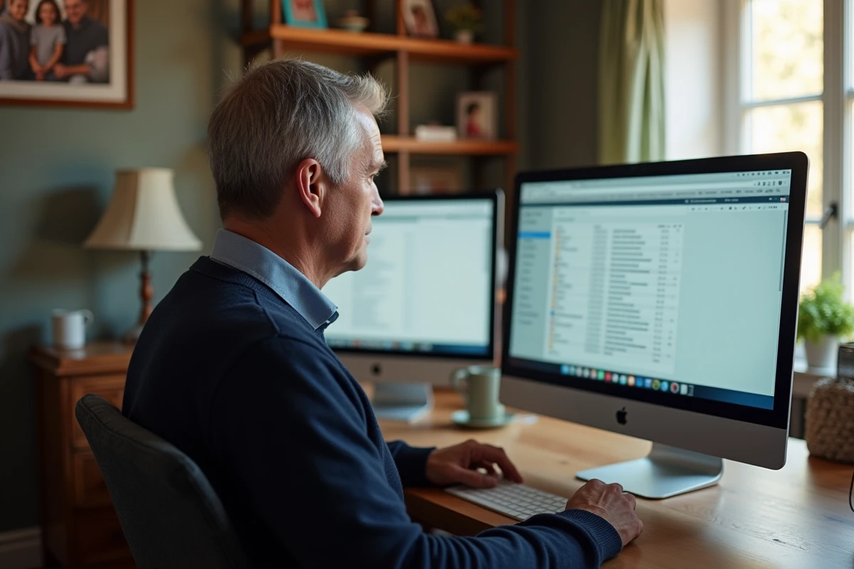 Homme d age nettoyant sa messagerie à la maison