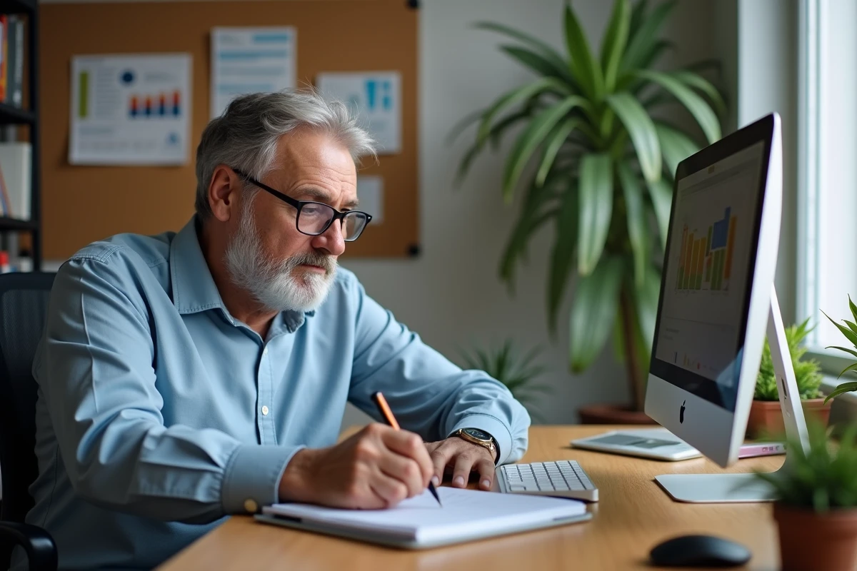 Homme prenant des notes en regardant des graphiques sur son ordinateur