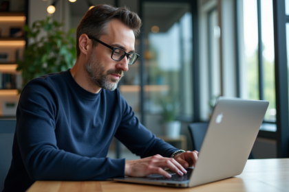 Homme concentré travaillant sur son ordinateur dans un bureau moderne