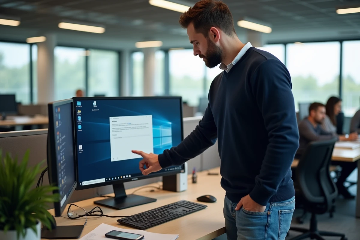 Homme insérant un disque dur externe devant son ordinateur