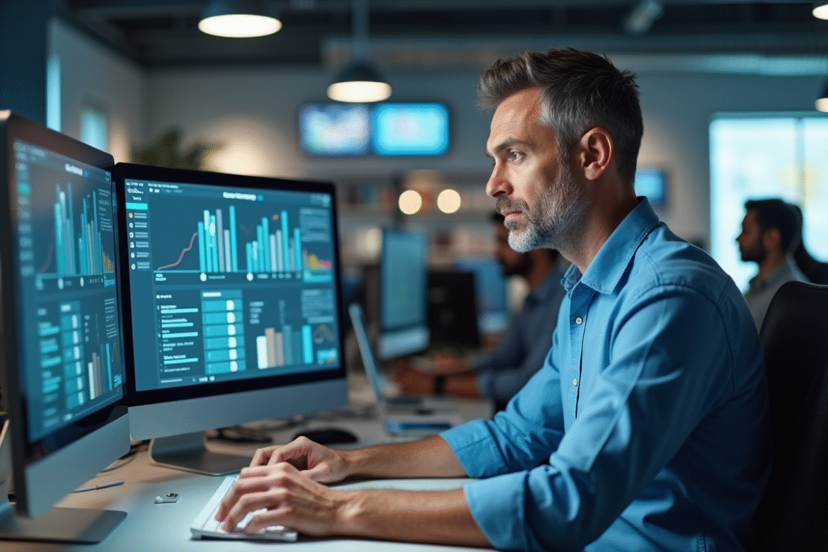 Homme concentré devant son ordinateur dans un bureau moderne