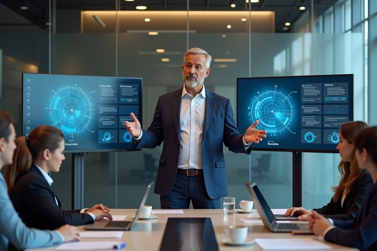Homme en réunion présentant deux écrans à ses collègues dans une salle moderne