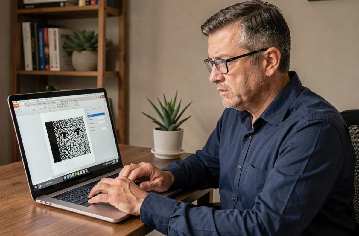 Homme avec lunettes de lecture analysant une image pixélisée dans une présentation PowerPoint sur ordinateur portable en bureau à domicile