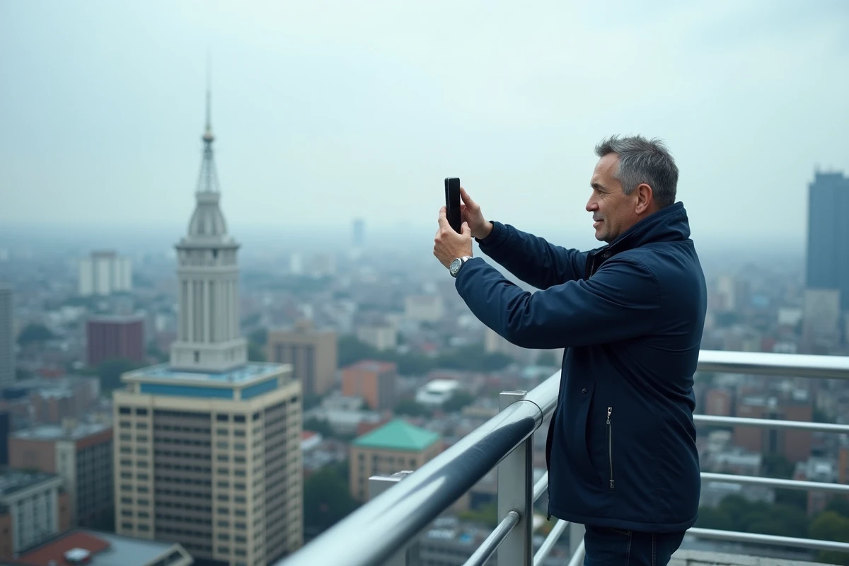 Homme photographiant un paysage urbain avec un Samsung Galaxy depuis un toit en ville