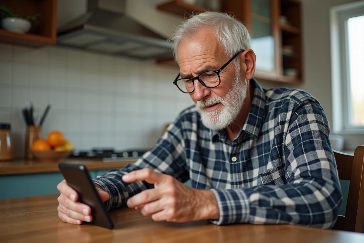 Homme senior examinant un téléphone facile d'utilisation posé sur une table de cuisine