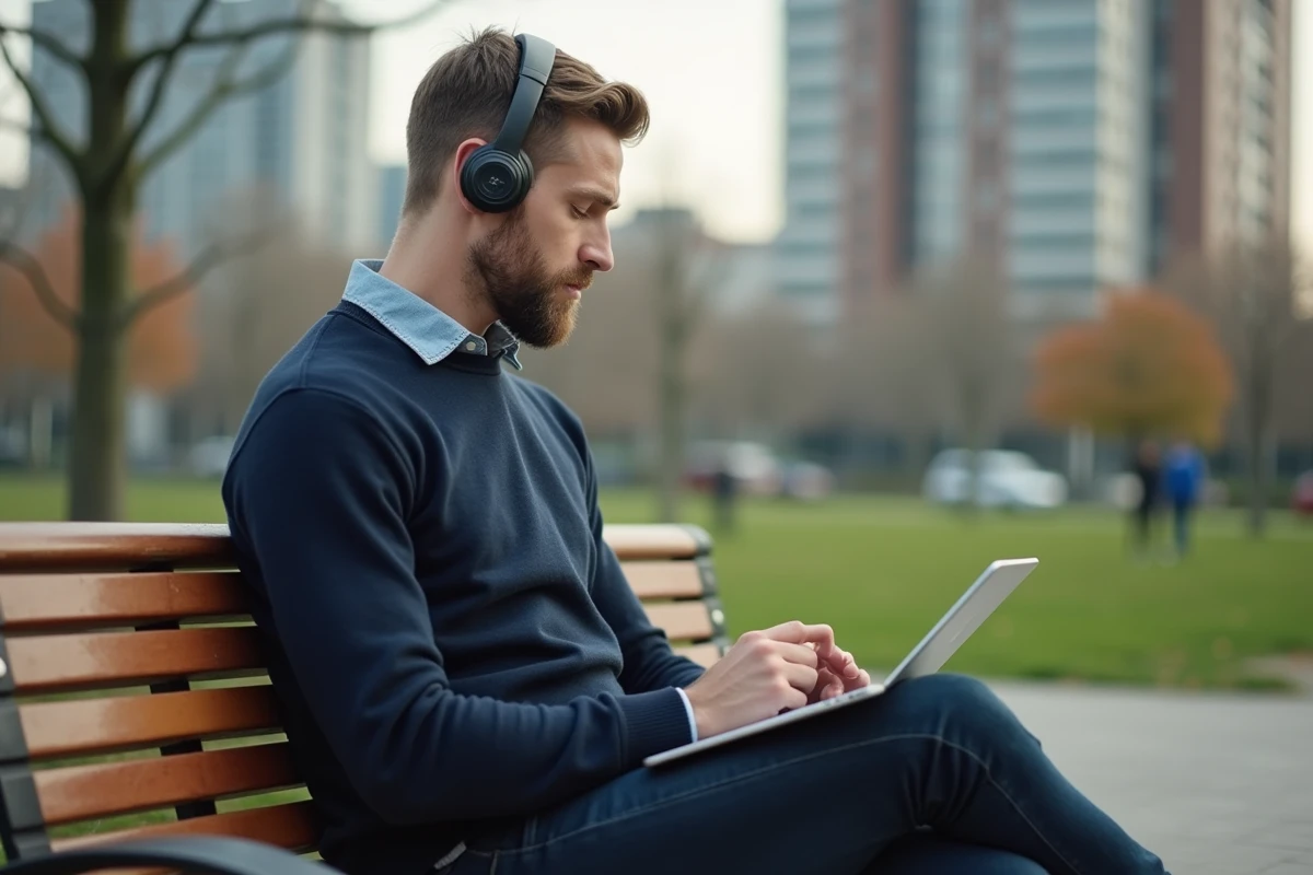 Homme assis sur un banc dans un parc urbain avec une tablette
