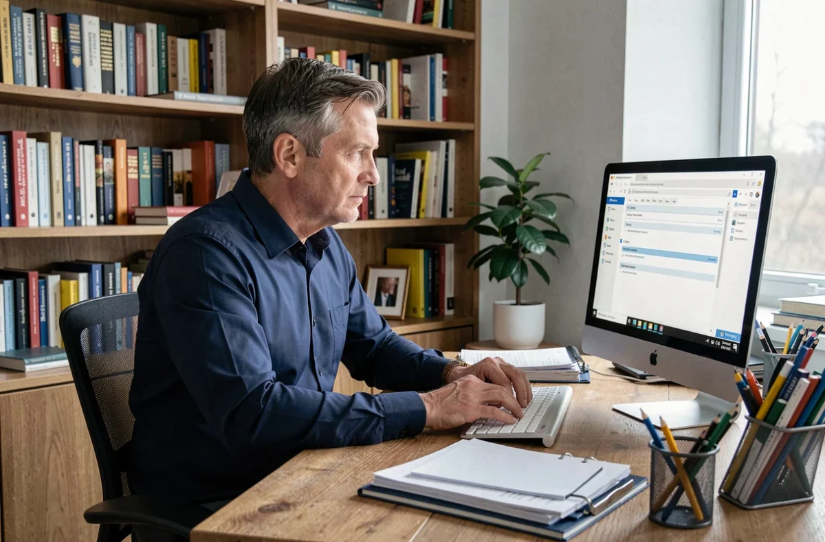 Homme en télétravail utilisant un client mail avec les champs À, CC et CCI visibles sur écran